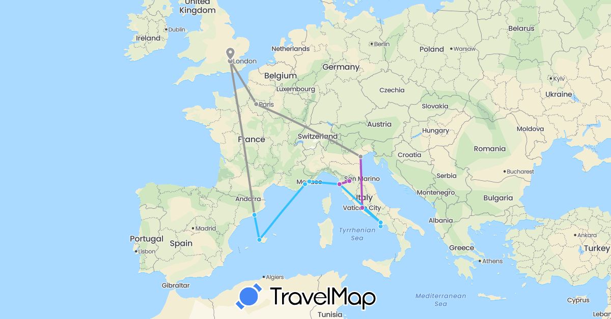 TravelMap itinerary: driving, plane, train, boat in Spain, France, United Kingdom, Italy, Monaco (Europe)